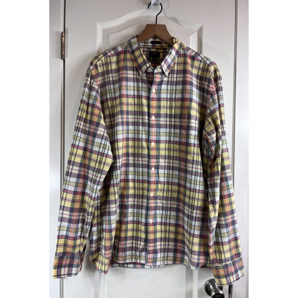 J Crew Men's Summer Plaid Slim Long Sleeve Button Down Shirt Yellow Blue Size XL - Picture 1 of 9